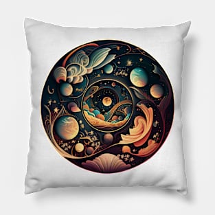 Cosmic Space Circle Illustrated Planets And Clouds Pillow