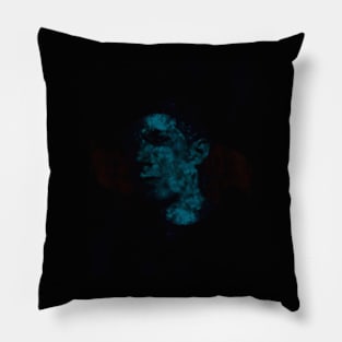 Portrait, digital collage and special processing. Weird man looking on us. Dark, dim, blue. Pillow