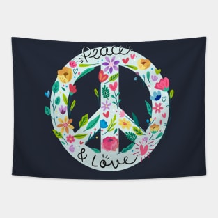 Peace And Love Symbol With Flower Power Tapestry