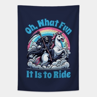 Oh What Fun It Is to Ride - Grim Reaper Unicorn on Rainbow Clouds Tapestry