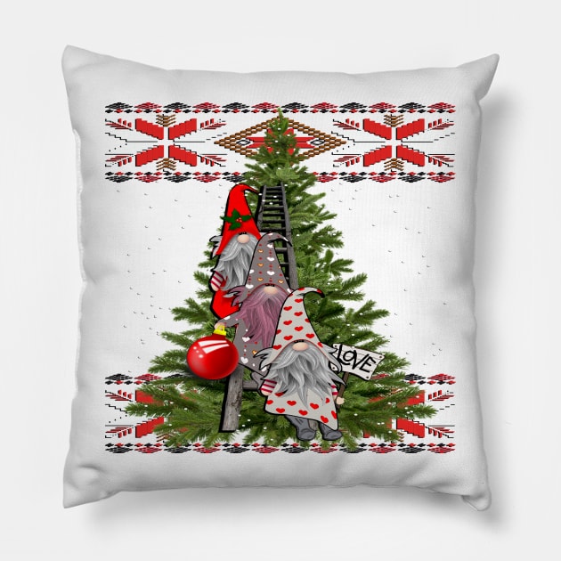 Gnomes Decorating Christmas Tree, Cute Santa Gnomes Scandinavia Nordic Christmas Pillow by tamdevo1