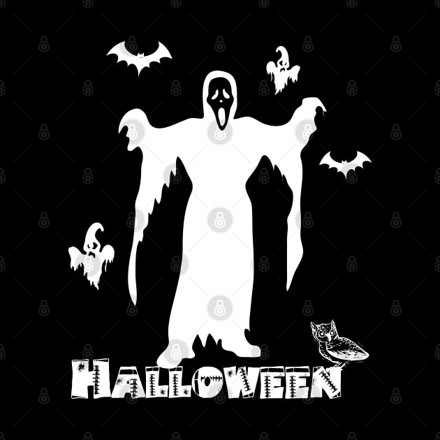 Halloween Scary Death Face, Scary Ghosts And Bats Black And White Graphic Design, Halloween Party, October 31st Holidays, White Version by Modern Art