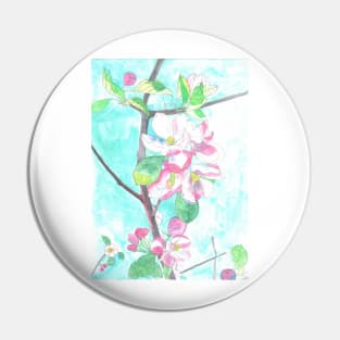 Pink apple blossom with blue sky in watercolor Pin