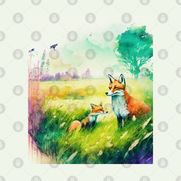 Mama Fox With Her Baby Watercolor Art by Odetee