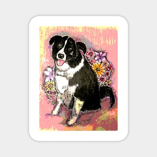 Border Collie with flower boquet.  Mixed Media. Magnet