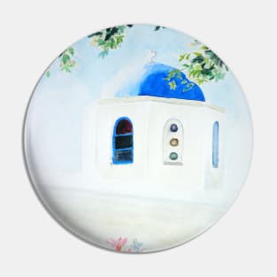 white and blue Santorini church Pin