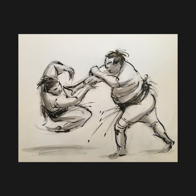 Sumo #7 - Sumo wrestlers ink wash painting on paper by tranquilwaters