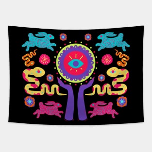 Colorful Evil Eye Symbol with Animals and Flowers Tapestry