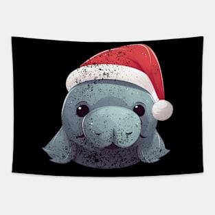 manatee in a Christmas hat distressed Tapestry