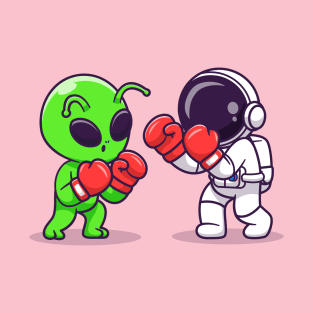 Cute Alien and Astronaut Fighting Boxing Cartoon T-Shirt