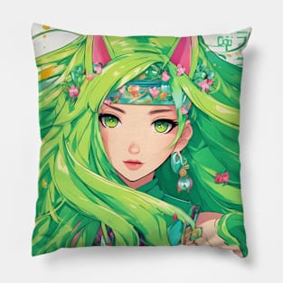 Manga Magic Whimsical Anime Girl Green Hair Pose Pillow