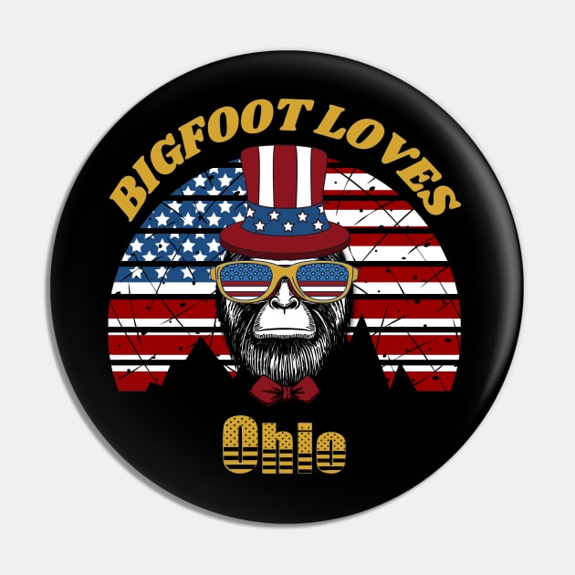 Bigfoot loves America and Ohio Pin by Scovel Design Shop