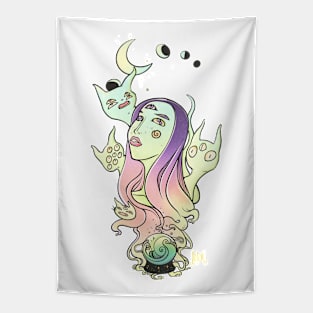 Witch WIth Cats And Moon Phases Tapestry