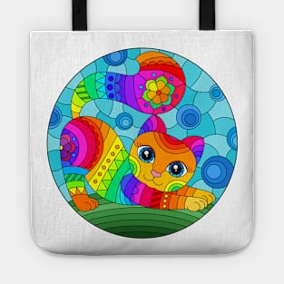 Adorable Kitty Stained Glass Design Pattern Tote