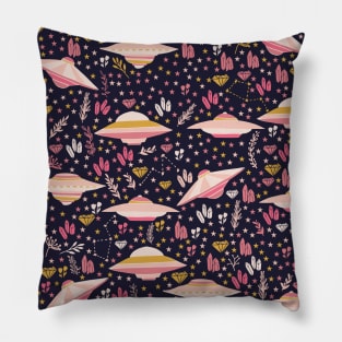 Pink UFO Pattern with stars and crystals Pillow