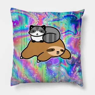 Little Raccoon and Sloth Rainbow Hologram Pillow