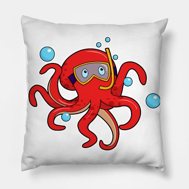 Octopus at Diving with Swimming goggles & Snorkel Pillow by Markus Schnabel