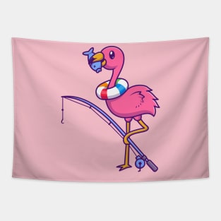 Cute Flamingo Eating Fish Cartoon Tapestry