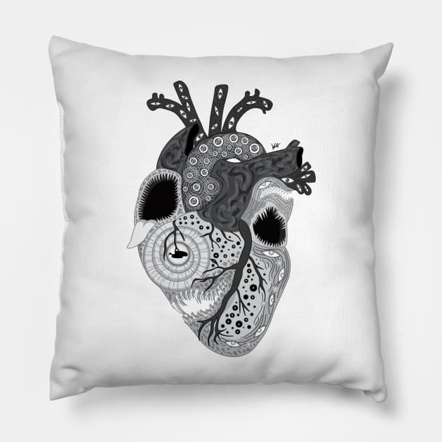 Eldritch Heart (Grayscale) Pillow by Munchbud Ink