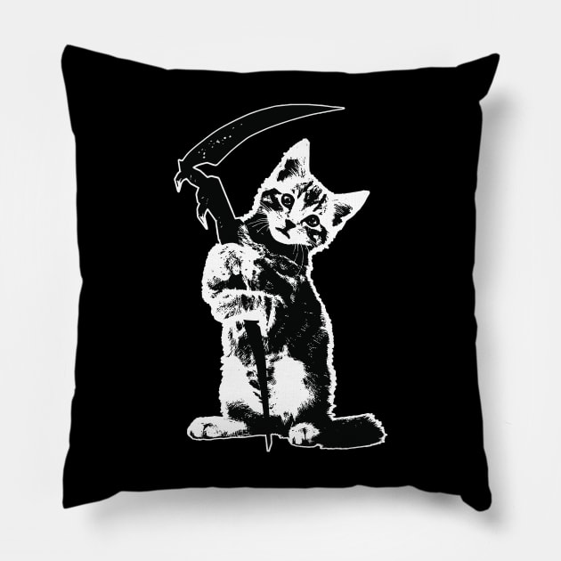 Super Cute Grim Reapurr Kitty, Death Cat, Funny Reaper Pillow by RuftupDesigns