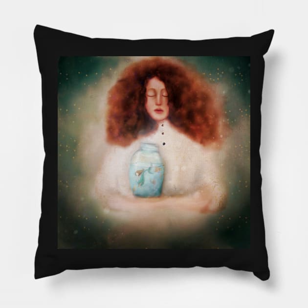 Mermaid Rescue Young Girl Victorian Blouse Stars in her Hair Rescues Mermaid in Mason jar with Gold Fish against a twilight sky Pillow by penandbea