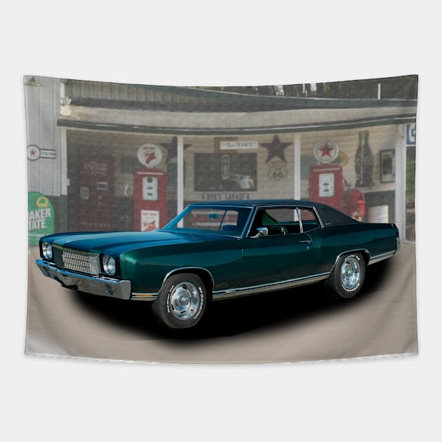 1970 Monte Carlo in our filling station series on back Tapestry by Permages LLC