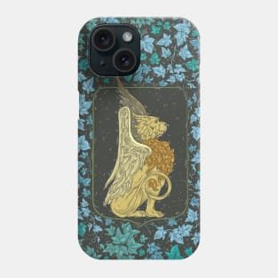 Strong griffon in a green floral wreath and blue leaves on black background Phone Case