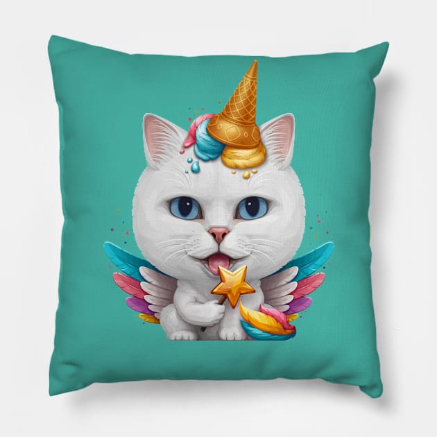 White Cat Ice Cream Unicorn Pillow by stonemask