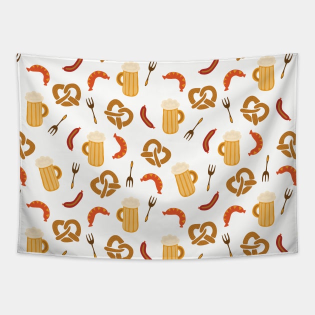 Oktoberfest print. Beer, sausages, pretzels and forks Tapestry by Sandra Hutter Designs