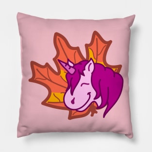 Rosa Einhorn mit Herbstblatt Pillow