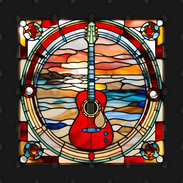 Red Guitar Beach Sunset Stained Glass by Xie