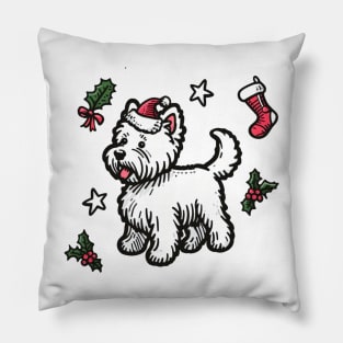 Westie Christmas Design - West Highland Terrier Santa Hat - Cartoon Dog Holiday Drawing Pillow