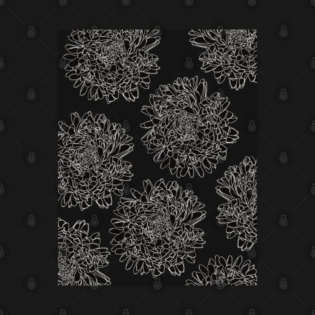 The beautiful pattern with White lineart dahlias on black background by marina63