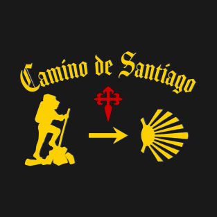 Camino de Santiago de Compostela male pilgrim with Yellow Arrow Scallop Shell Red Cross T-Shirt