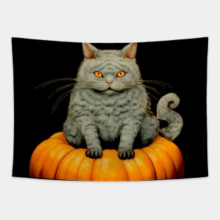 Japanese Cat on a Halloween Pumpkin During the Halloween Season on a dark (knocked out) background Tapestry