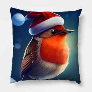 Christmas Robin Bird with a Santa Hat Sits on a Snowy Branch Pillow