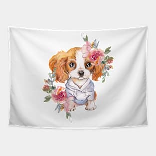 Cute Cavalier King Charles Spaniel with Flowers Watercolor Art Tapestry