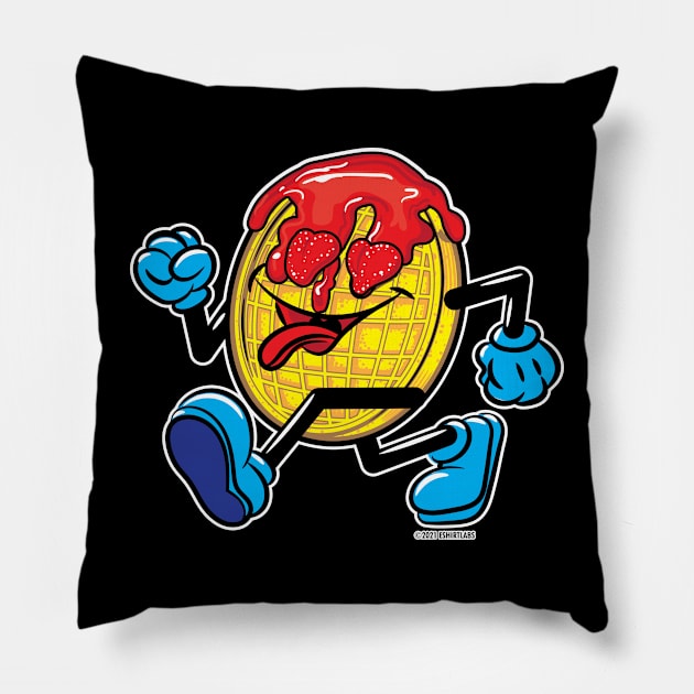 Happy Smiling Waffle Mascot strutting with strawberries and strawberry syrup Pillow by eShirtLabs