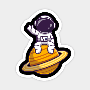 Cute Astronaut Sitting On Planet Waving Magnet