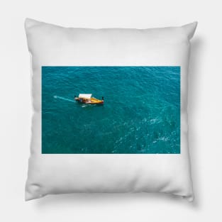 Top view on fishing boat in turquoise Mediterranean sea Pillow