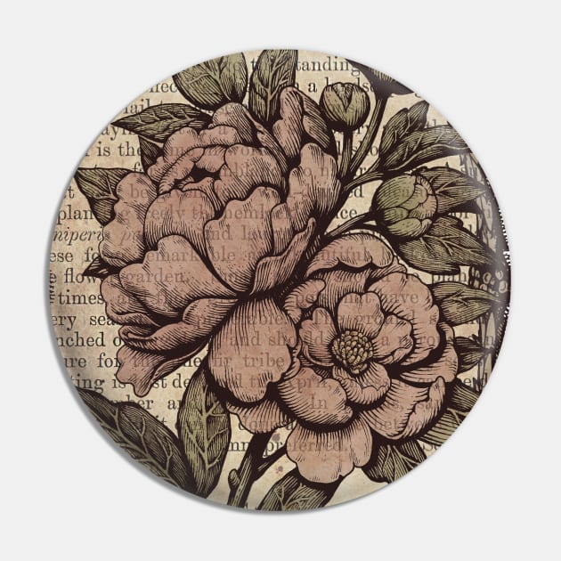 Botanicals: Peonies vintage Pin by Medusa Dollmaker