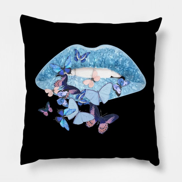 Butterflies, sparkling lips kiss 1 Pillow by Collagedream