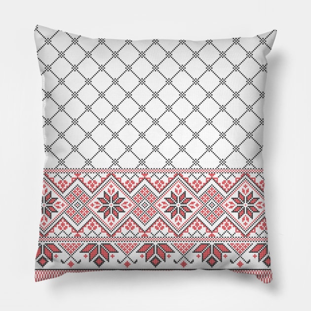 Palestinian Arabic Kufiya Keffiyeh or also called Hatta Traditional Pattern with Tatreez Embroidery Art Design Red Black on White Pillow by QualiTshirt