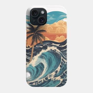 waves palm tree beautiful sunset beach graphic Phone Case