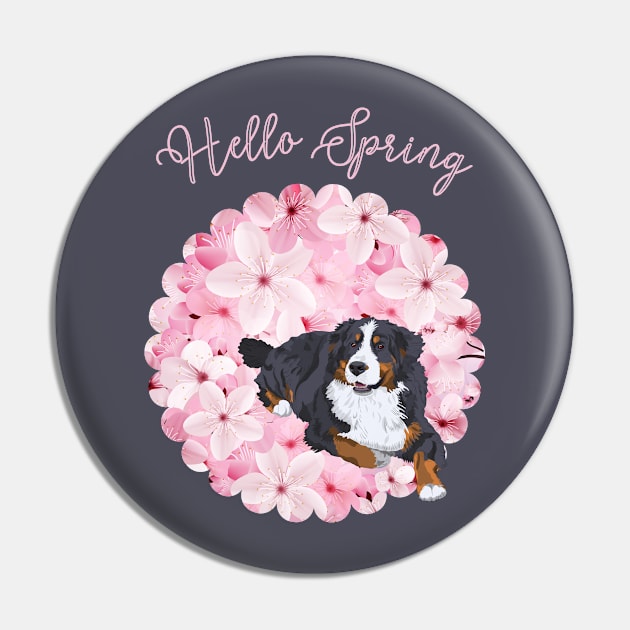 Hello Spring with Bernese Mountain Dog and Sakura Flower Circle Pin by Seasonal Dogs