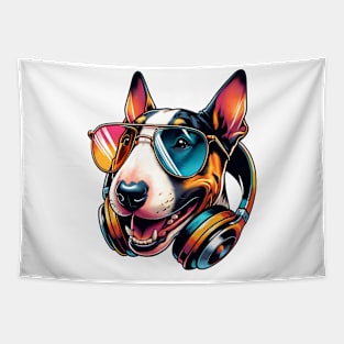 Miniature Bull Terrier as Smiling DJ with Headphones Tapestry