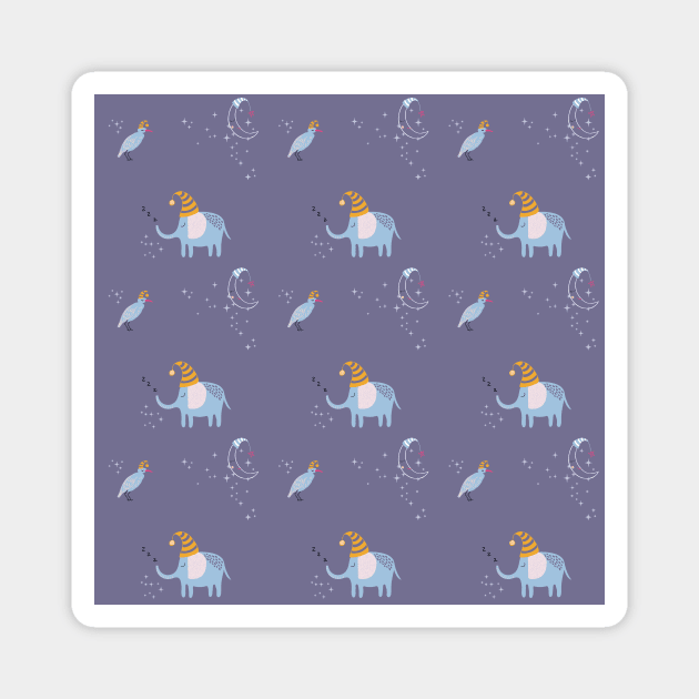 Pattern with cute sleeping elephant, bird and moon Magnet by DanielK