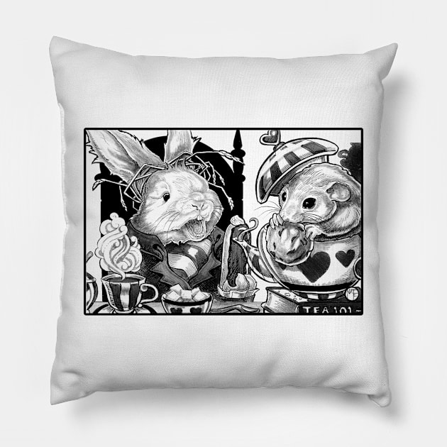 Wonderland - Tea Party - Black Outlined Version Pillow by Nat Ewert Art