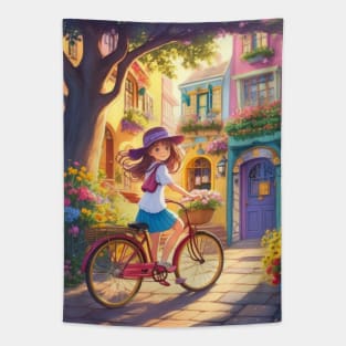 A cute girl explores a lively street on her bicycle. Tapestry