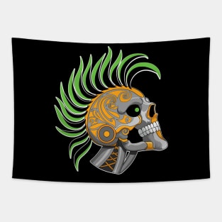 Tattooed Robot Skull with Green Mohawk Tapestry